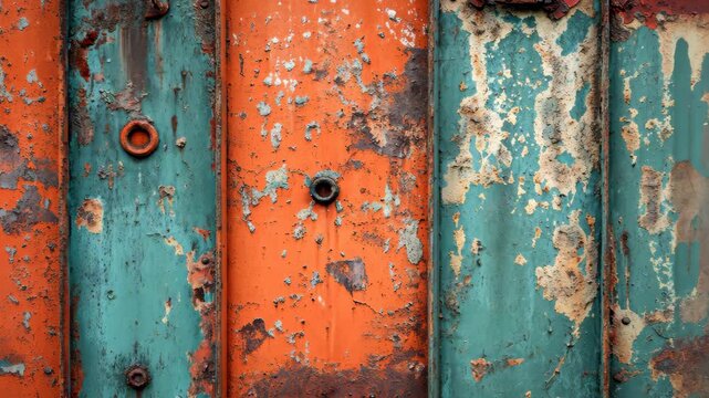 Weathered metal surface with peeling paint and rust showcasing vibrant orange and teal colors