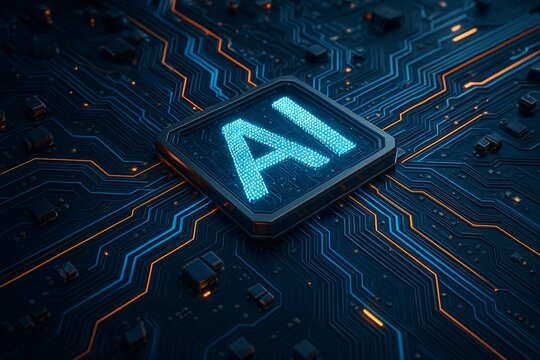 motherboard with ai written on it. Concept AI (Artificial Intelligence) technology, chip IC on PCB, PCB circuit board, microprocessor