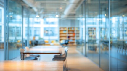 Bright and spacious office interior showcases modern design with glass walls, large work tables, and natural light illuminating collaborative spaces.