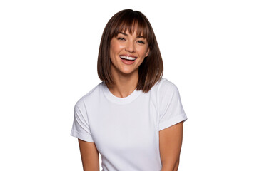 Fototapeta premium Happy woman smiling and laughing with Joyful and authentic expression, isolated on transparent background