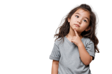 Little girl in a grey t-shirt with a thoughtful expression, finger on chin, looking up. Curious and contemplating