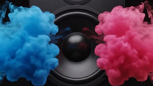 A powerful, high-energy visual of a large speaker pulsing to the beat of music against a black background. With each thump of the bass, vibrant clouds of color explode outward&mdash;blue on the left side.