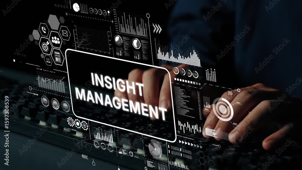Poster innovative insight management concept with data analytics and digital interface in business environm