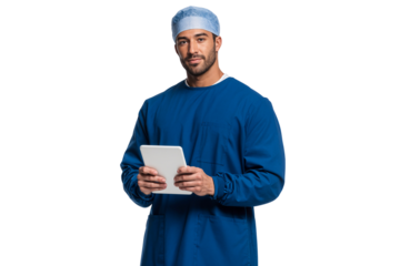 Male surgeon in blue scrubs and cap, holding a digital tablet. Focused and ready for medical procedures and data management