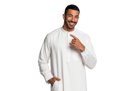 Smiling Arab man in traditional white attire, pointing to himself. Confident and proud, isolated on transparent background