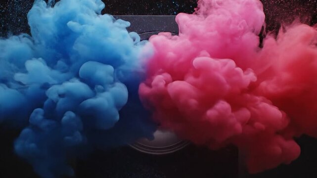 A powerful, high-energy visual of a large speaker pulsing to the beat of music against a black background. With each thump of the bass, vibrant clouds of color explode outward&mdash;blue on the left side.