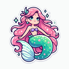 Charming cartoon depiction of a mermaid with pink hair and a shimmering tail.  The design is vibrant and  whimsical.