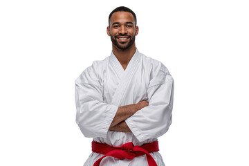 Smiling African American man in a white karate clothes with a red belt, arms crossed. Confident martial arts practitioner