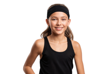 Smiling young girl running in black sportswear and a headband, looking at the camera. Active and healthy youth.