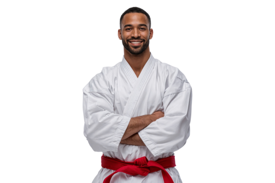 Smiling African American man in a white karate clothes with a red belt, arms crossed. Confident martial arts practitioner