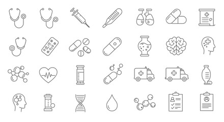 Line art illustration featuring a variety of medical and healthcare icons design