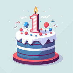 Stylized depiction of a birthday cake with a number one candle, colorful decorations, and a pastel background. The cake has layers of blue and white frosting.