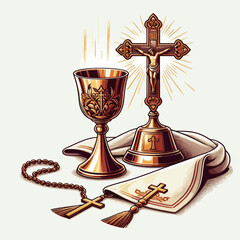 Stylized illustration of sacred Christian objects, including a chalice, a crucifix, and a cloth, presented on a light background.