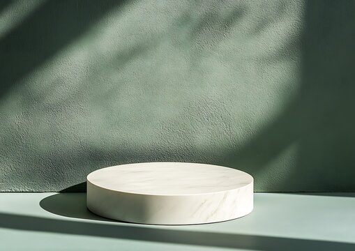 Minimalist White Round Pedestal on Soft Green Background with Natural Light and Shadows for Product Display and Modern Design