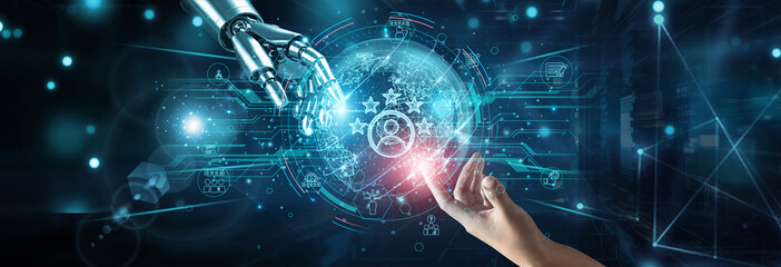 Hands of robot and human touching on customer satisfaction metrics, network connection background, feedback loyalty personalization service AI chatbot automation CRM engagement experience.