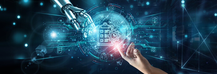 Hands of robot and human touching on project management tools, network connection background, planning execution deadlines workflow monitoring Gantt collaboration automation deliverables.