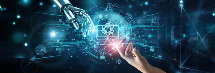 Hands of robot and human touching on educational technology tools, network connection background, learning innovation virtual classrooms AI curriculum development engagement analytics.