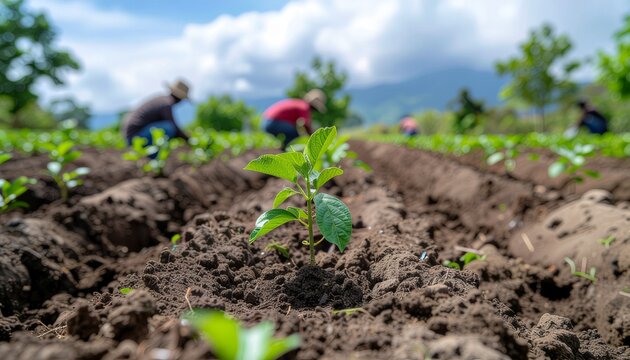 Tree nursery with young saplings and workers promoting reforestation