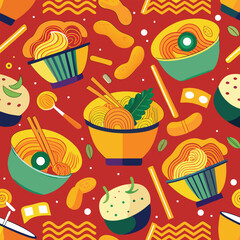 Noodle Ramen Pattern background. Pasta food texture spaghetti geometric. Abstarct ramen ornament. Flat vector illustartion. Wave texture background