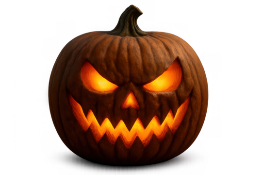 Carved orange jack-o'-lantern glowing brightly, radiating eerie halloween spirit against transparent backdrop