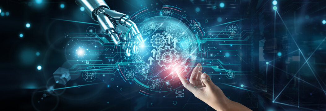Hands of robot and human touching on automation solutions, network connection background, robotics control systems workflow efficiency AI sensors process optimization integration.