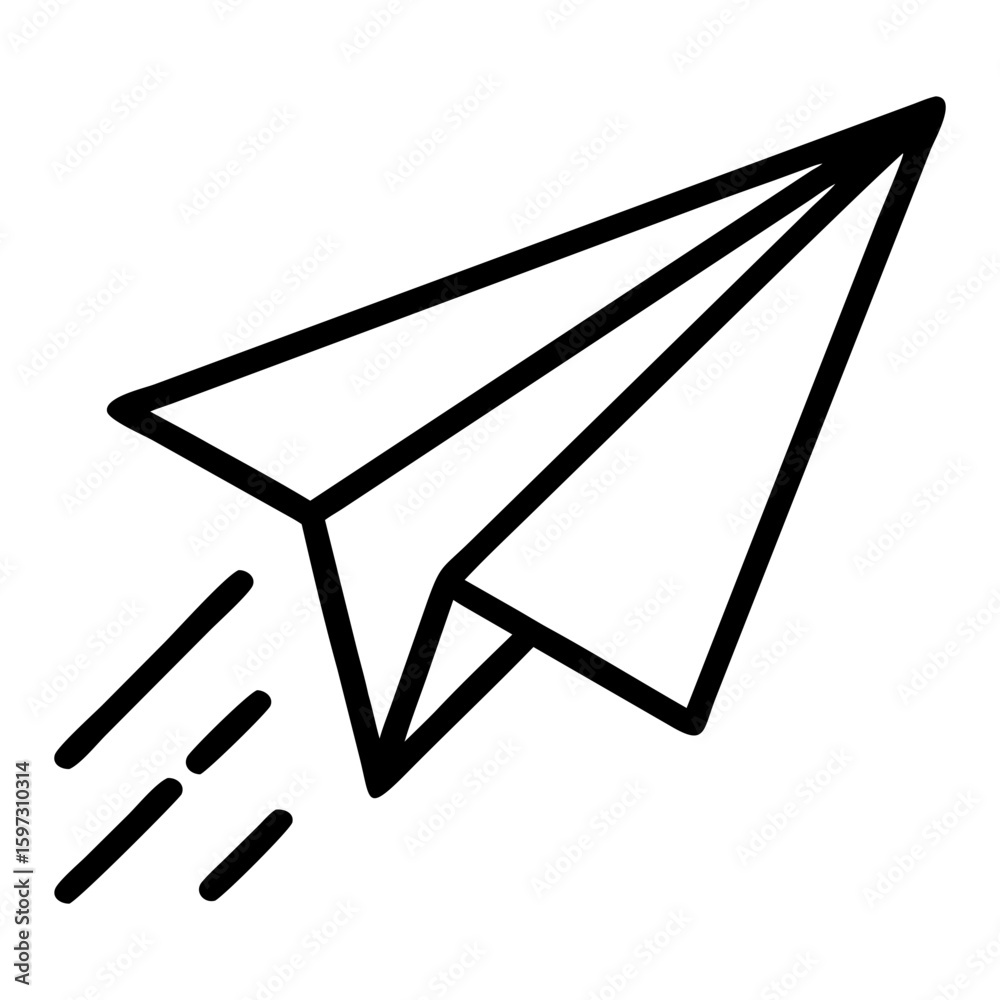 Poster paper airplane taking flight with motion lines indicating speed and direction in a simple outline st
