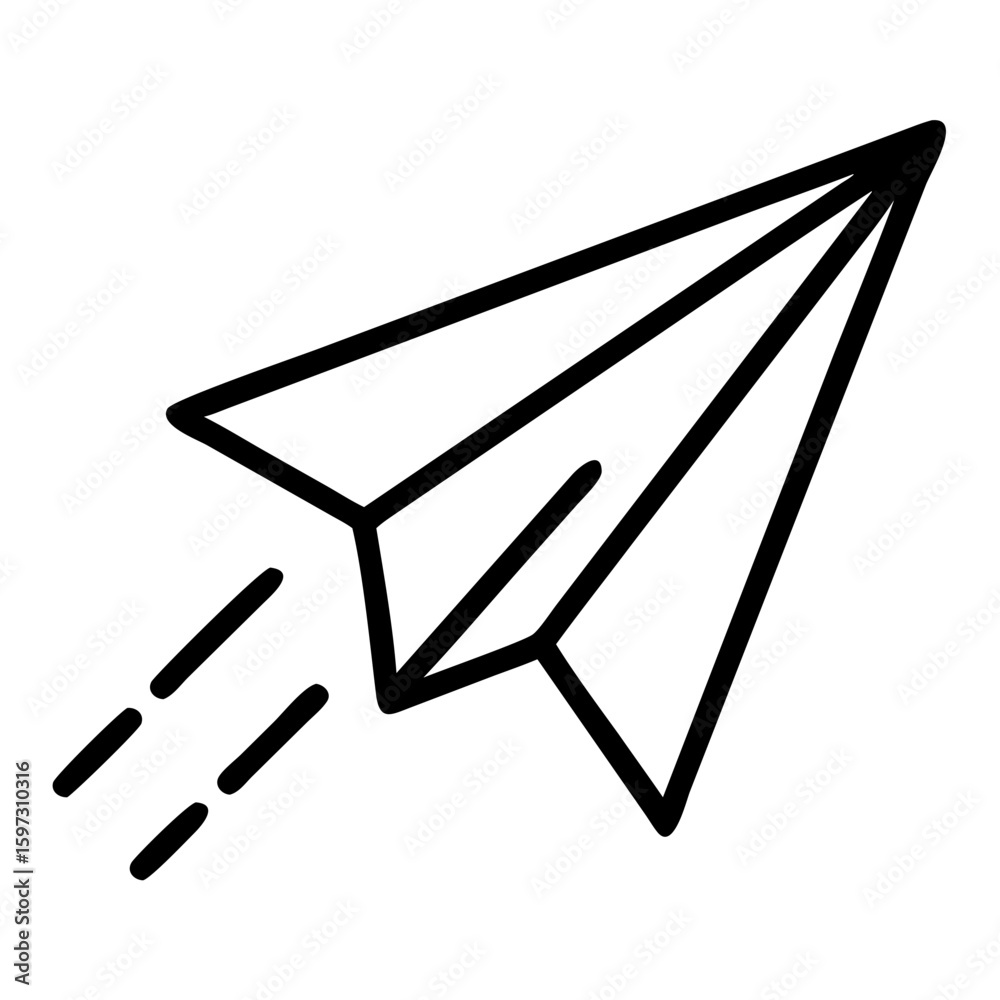 Poster a simple line drawing of a paper airplane in flight with dashed lines indicating motion and speed ef