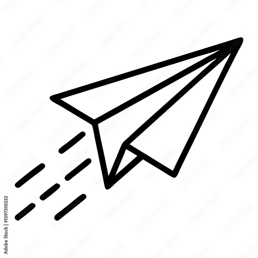 Poster a simple line drawing of a paper airplane with motion lines indicating forward movement and directio