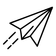 A simple line drawing of a paper airplane in flight with dashed lines indicating motion and speed effect