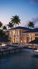 Fototapeta premium Luxurious tropical villa retreat at dusk, showcasing serene architecture and waterfront views