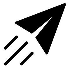 A black paper airplane with three speed lines indicating motion against a transparent background simple design
