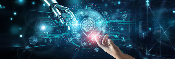 Hands of robot and human touching on GIS mapping systems, network connection background, spatial data analysis geolocation satellite layers integration visualization terrain modeling.