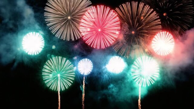 Spectacular Fireworks Display: A vibrant array of fireworks bursts across the night sky, exploding in a kaleidoscope of colors and shapes, creating a mesmerizing spectacle of light and celebration.