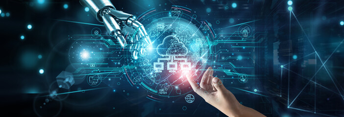 Hands of robot and human touching on cloud computing systems, network connection background, scalability storage virtualization infrastructure services SaaS PaaS data access deployment.