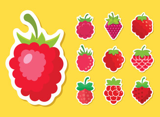 Raspberry fruit sticker icon set collection in flat style. Raspberries berry vector illustration on isolated background. Nature snack sign business concept.