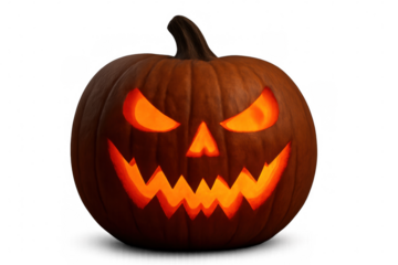 Spooky halloween pumpkin with glowing eyes and a menacing grin, isolated on a transparent background, perfect for all your halloween projects