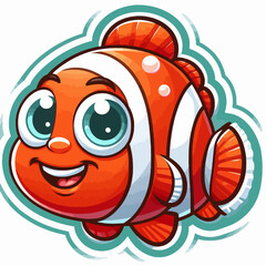 Digitally rendered, cartoon, happy clownfish with large eyes and a wide smile.  It is displayed on a simple, vibrant background.