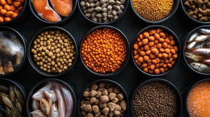 Obraz premium Assorted fish food and fish in black bowls.