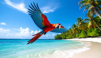 Scarlet Macaw in Flight Over Tropical Beach with Blue Sky, Palm Trees, and Paradise.