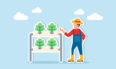 Farmer standing next to hydroponic farming model illustration of modern agricultural technology and farming efficiency