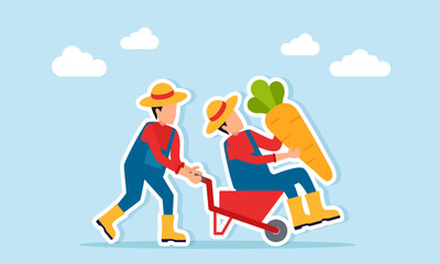 Farmer pushing another farmer carrying giant carrot with wheelbarrow illustration of teamwork in improving agricultural management efficiency