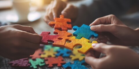 The hands assembling colorful puzzle pieces in a joyful group activity.
