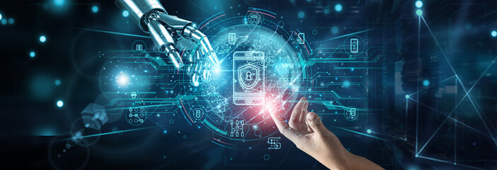 Hands of robot and human touching on mobile security systems, network connection background, device protection encryption malware threat detection authentication privacy firewall.