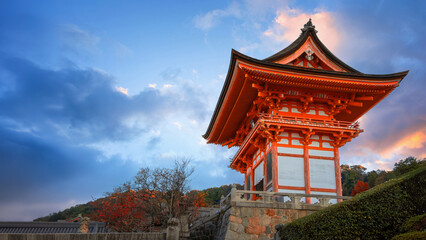 Scenic view of Kiyomizu-dera temple with beautiful foliage in autumn in Kyoto, Japan