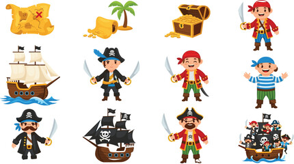 Cartoon pirate adventure icons, treasure map symbols, ship and character illustrations, playful nautical theme set, children’s fantasy concept, colorful graphic design elements