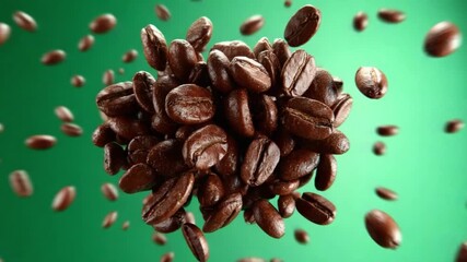 Coffee bean levitation: A collection of coffee beans hovers in mid-air, showcasing the allure of coffee. The vibrant green backdrop adds a touch of elegance, resulting in a compelling scene.