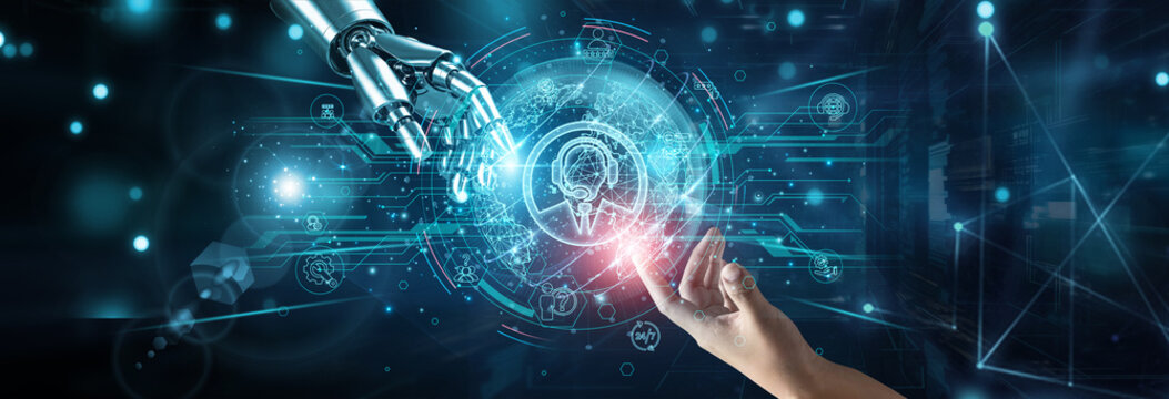 Hands of robot and human touching on customer service systems, network connection background, communication support CRM feedback automation resolution engagement satisfaction experience.