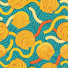 Noodle Ramen Pattern background. Pasta food texture spaghetti geometric. Abstarct ramen ornament. Flat vector illustartion. Wave texture background