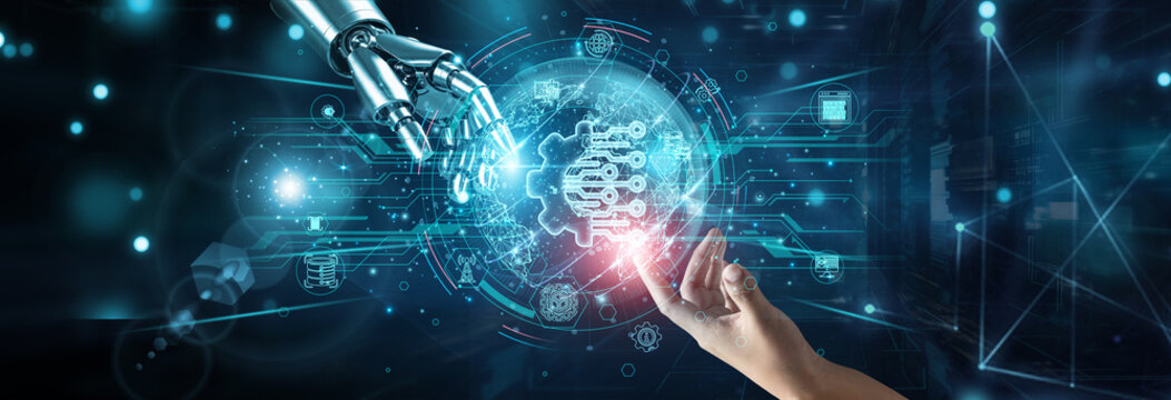 Hands of robot and human touching on digitization processes, network connection background, paperless systems automation workflow transformation cloud storage data access efficiency.
