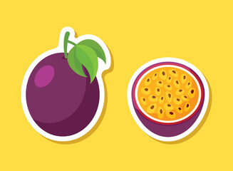 Passion fruit sticker icon in flat style. Passionfruit vector illustration on isolated background. Nature snack sign business concept.